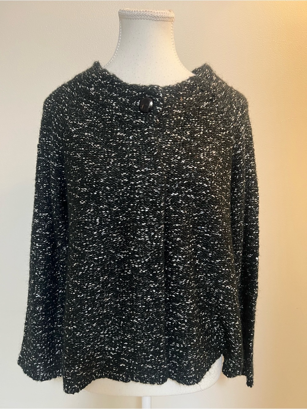 AK Anne Klein Black Metallic Knit Button Cardigan Sweater | Size L | Shimmer Ope